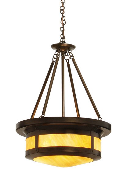 Berkeley Drum Pendant in Bronze Finish with Gold White Iridescent Glass.